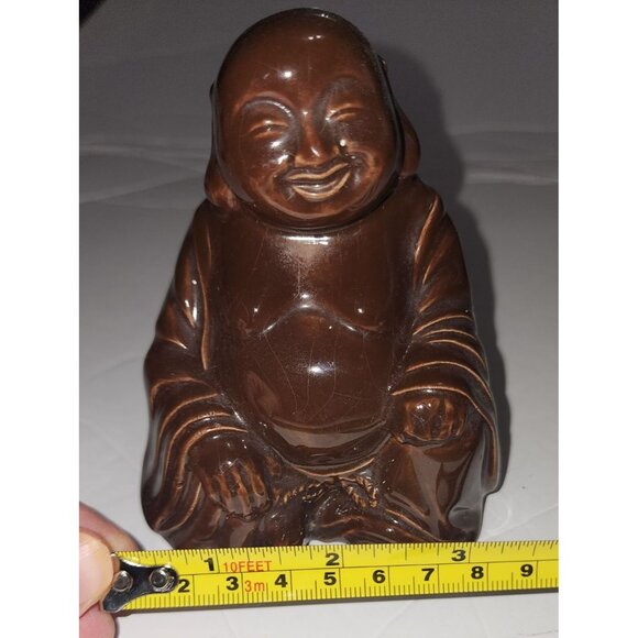 Vintage Brown Ceramic Laughing Buddha Figurine - 4.5x3" Tall - Picture 3 of 8